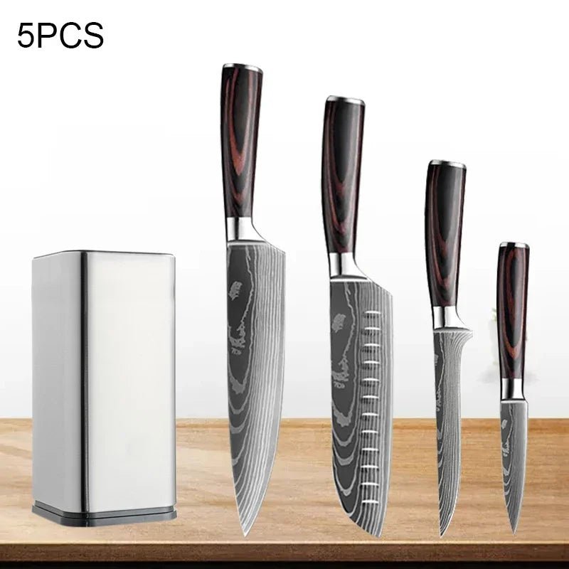 Set couteaux japonais bloc bois, design moderne et fonctionnel en cuisine
