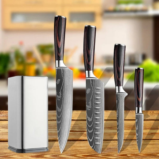 Set couteaux japonais avec bloc, rangement élégant et lames inox tranchantes