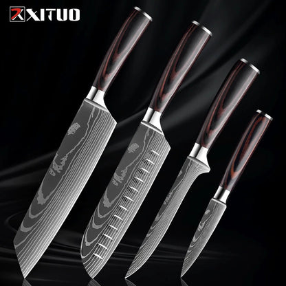 Set couteaux de cuisine précision japonaise, lames inox pour chef professionnel